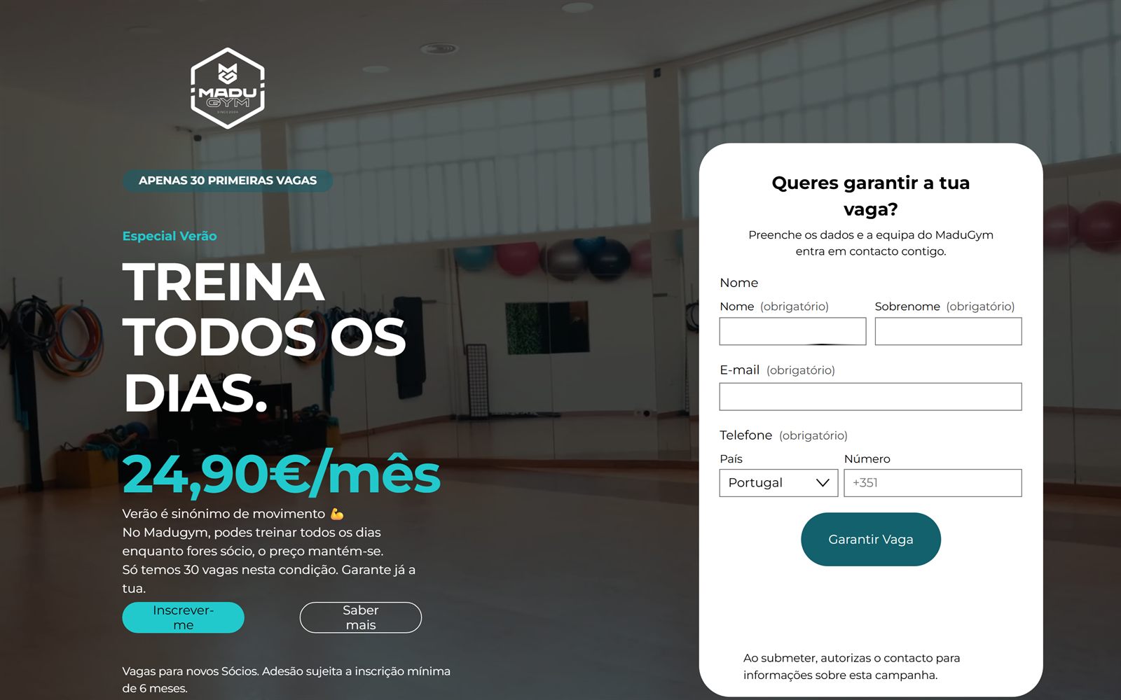 Landing page do MaduGym