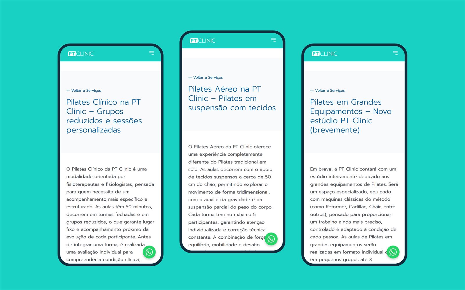 Páginas de três modalidades do site novo: Pilates Clínico, Aéreo e Grandes Equipamentos, no telemóvel