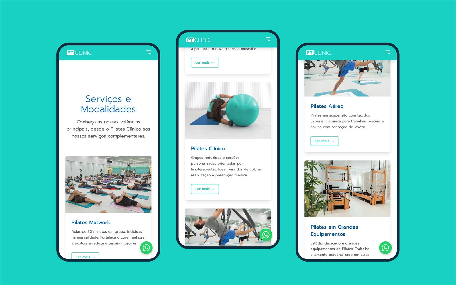 Página de serviços e modalidades do site novo, no telemóvel