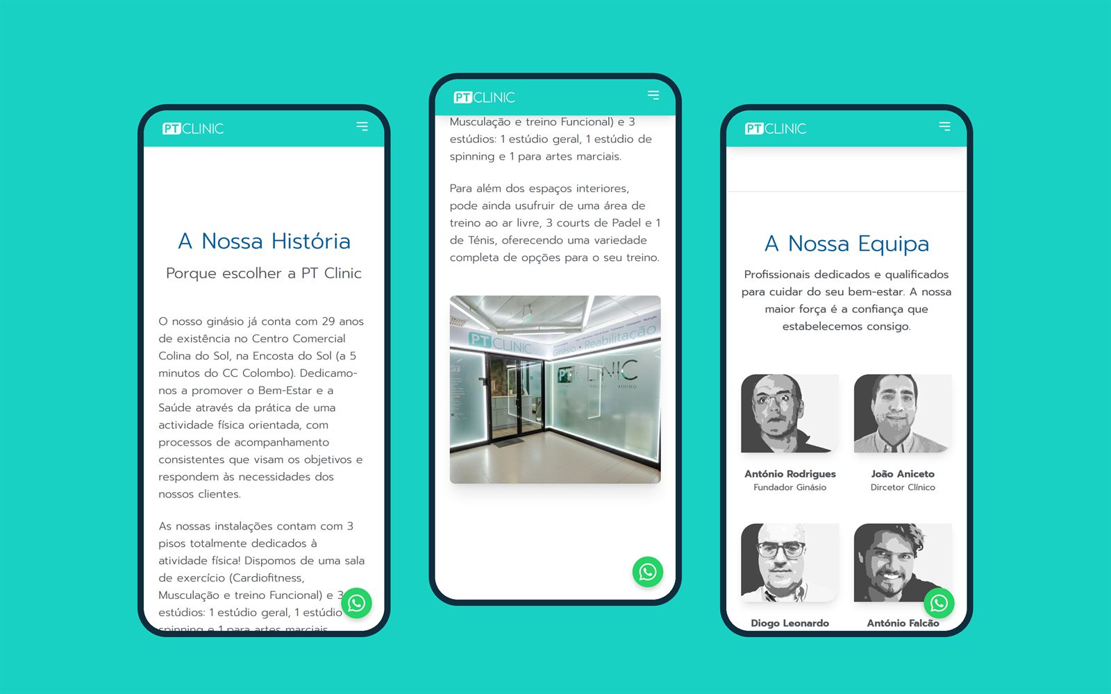 Página Sobre do site novo, com a história, o espaço e a equipa, no telemóvel